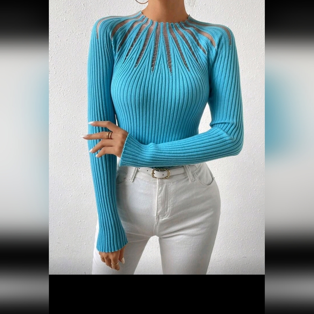 Mesh Contrast Blue Ribbed Long Sleeve Sweater Top